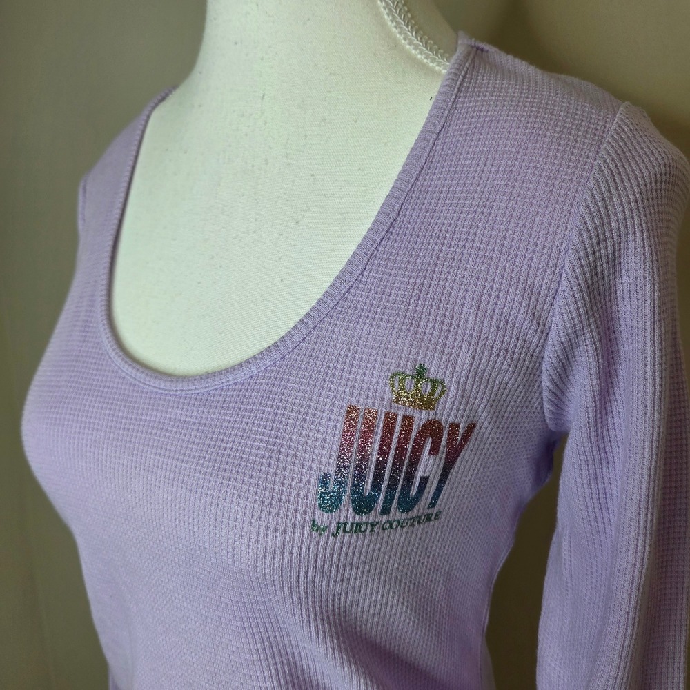 NEW Juicy Couture Womens Lilac Waffle Knit Thermal Top Rainbow Logo Small Y2K